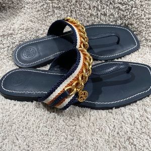 Tory Burch navy blue/tan chain sandal size 5